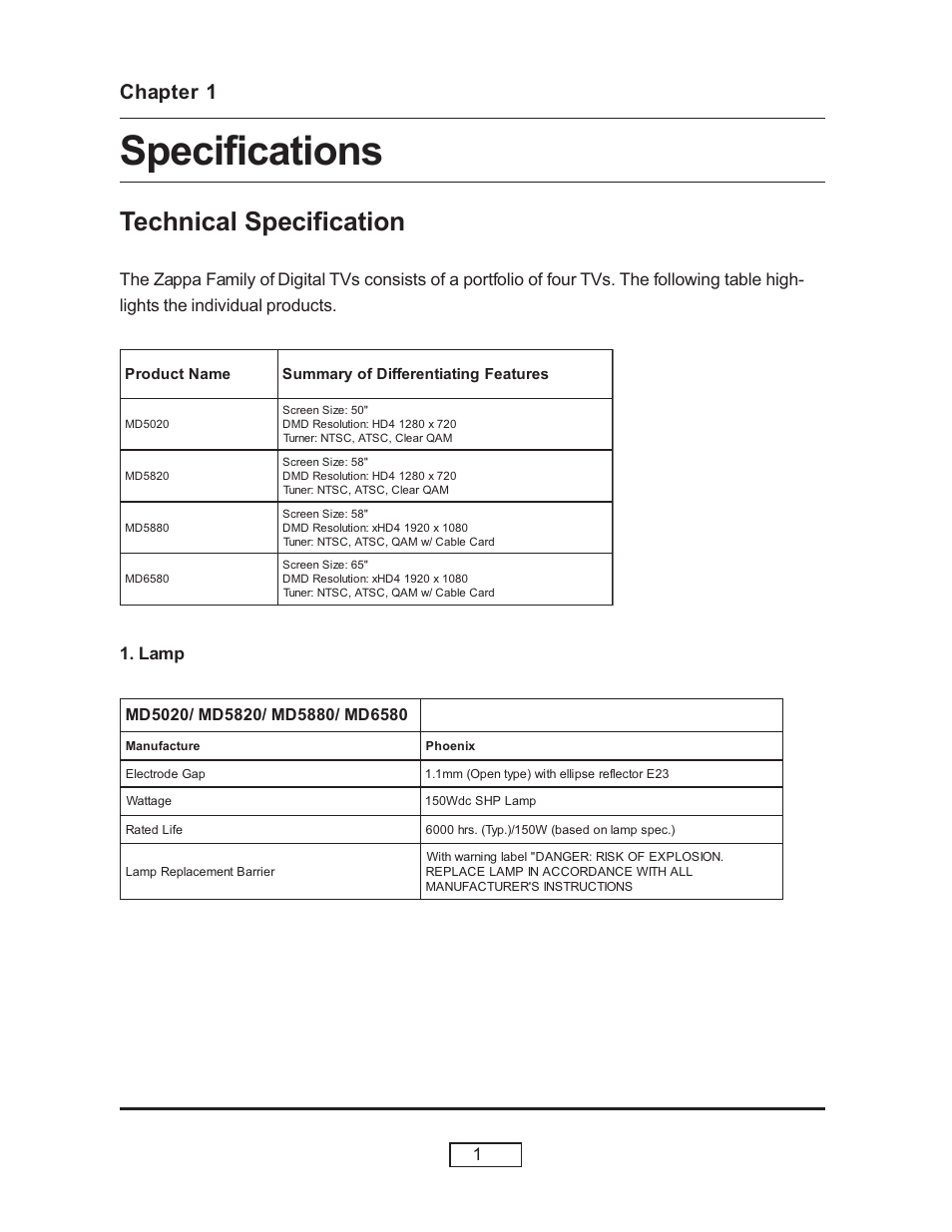 Chapter 1, Technical specifications, Specifications | Technical specification, Lamp | HP L1735A User Manual | Page 11 / 78