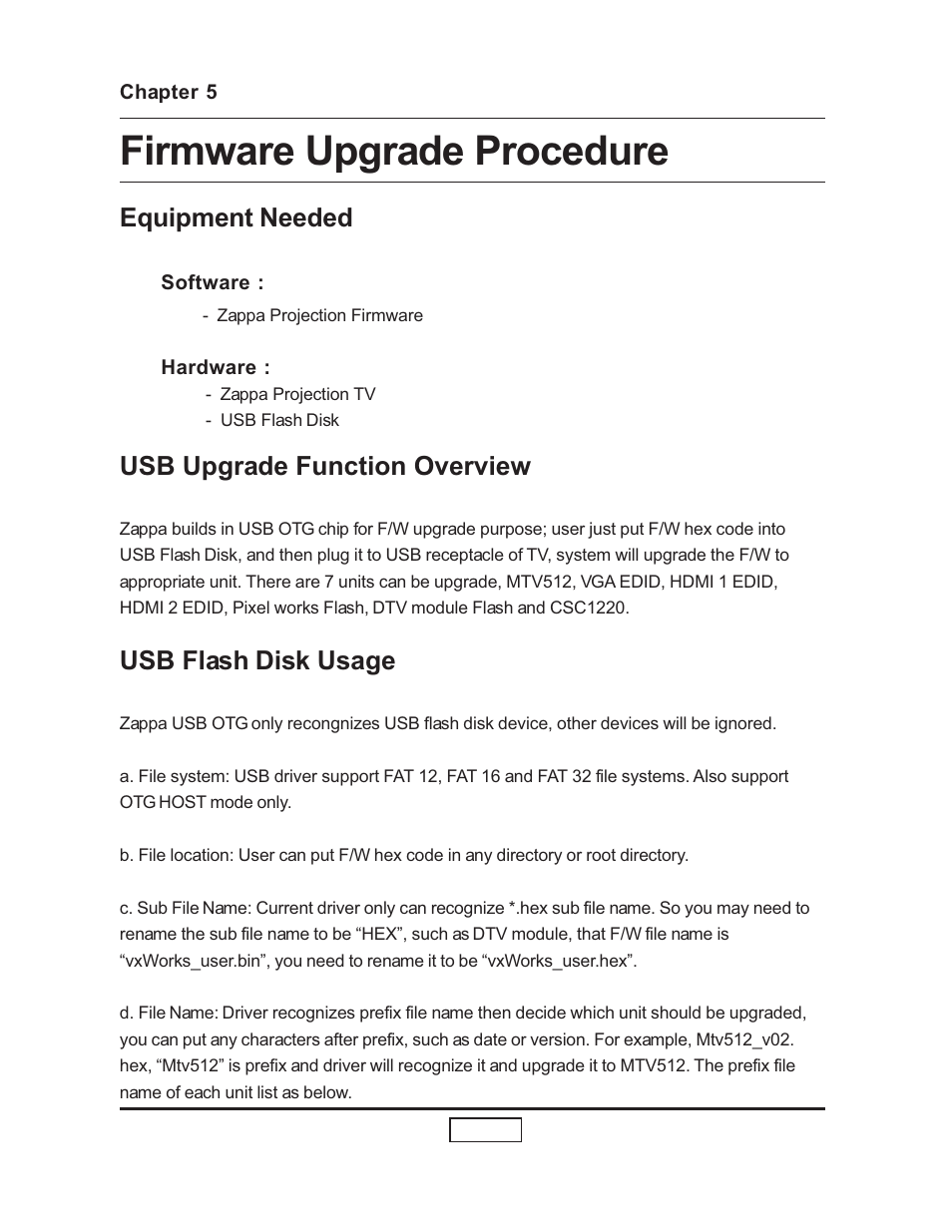 Chapter 5, Upgrade procedure, Firmware upgrade procedure | Equipment needed, Usb upgrade function overview, Usb flash disk usage | HP L1735A User Manual | Page 47 / 78