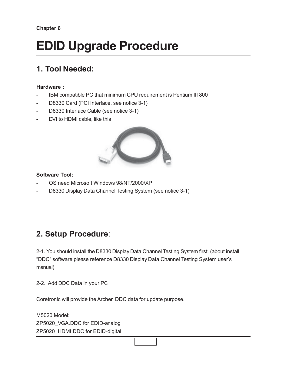 Chapter 6, Edid upgrade procedure, Tool needed | Setup procedure | HP L1735A User Manual | Page 50 / 78