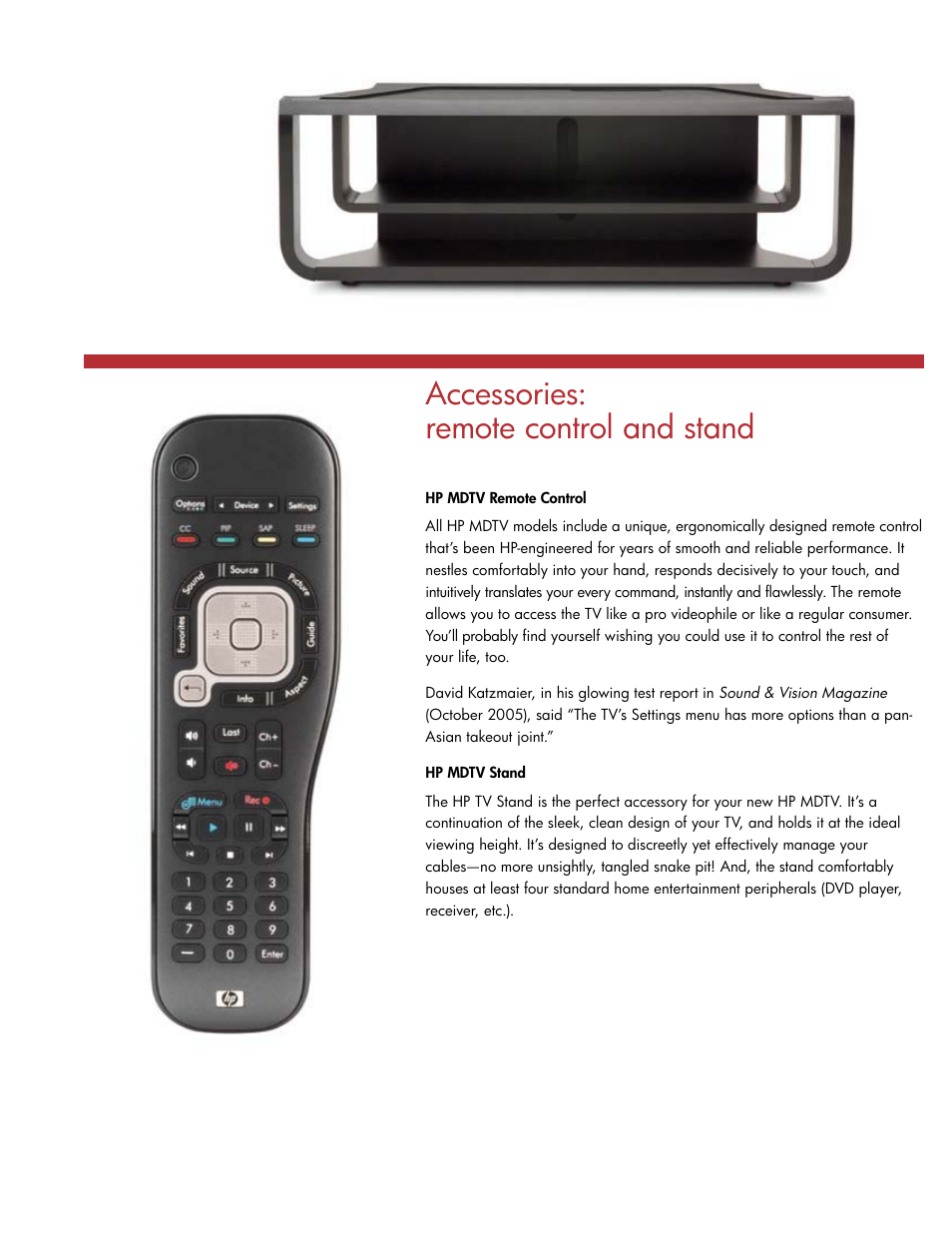 Accessories: remote control and stand | HP L1735A User Manual | Page 9 / 78