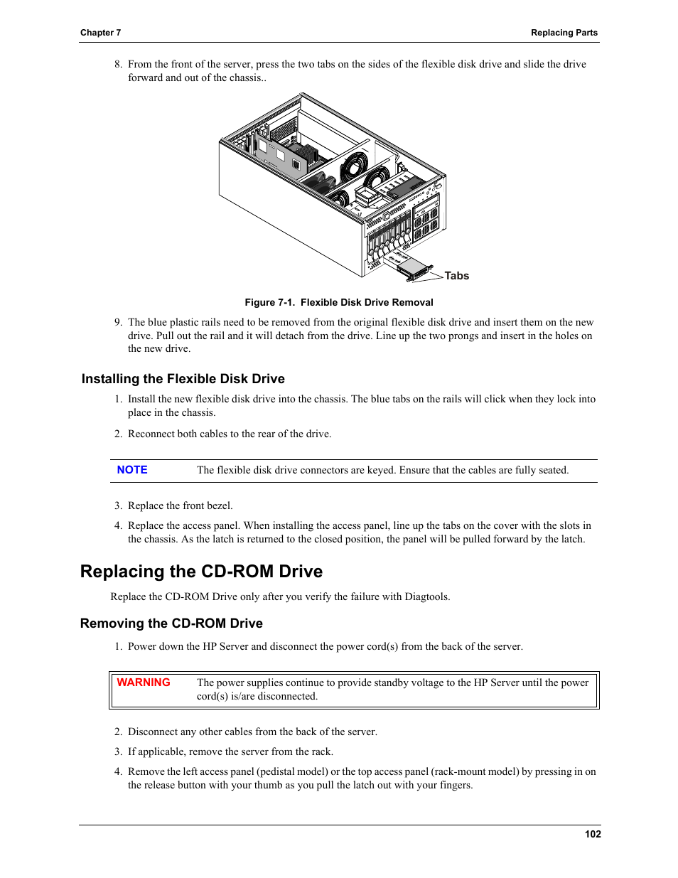 Replacing the cd-rom drive, Removing the cd-rom drive | HP TC4100 User Manual | Page 104 / 130