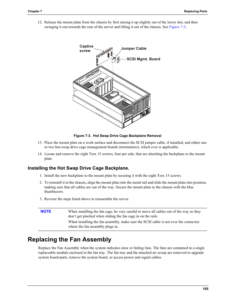 Installing the hot swap drive cage backplane, Replacing the fan assembly | HP TC4100 User Manual | Page 107 / 130