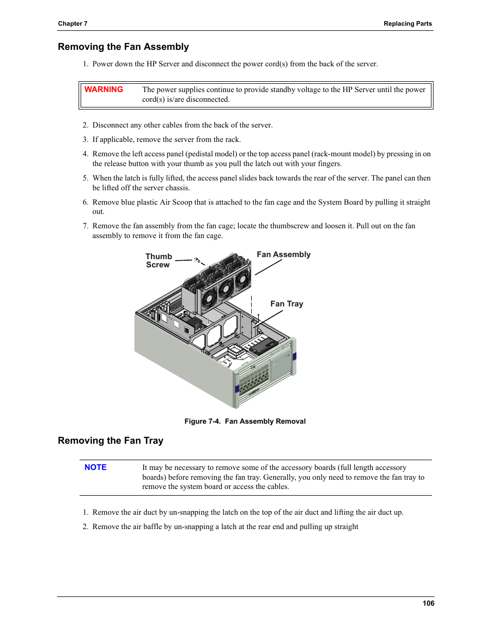 Removing the fan assembly, Removing the fan tray, Removing the fan assembly removing the fan tray | HP TC4100 User Manual | Page 108 / 130