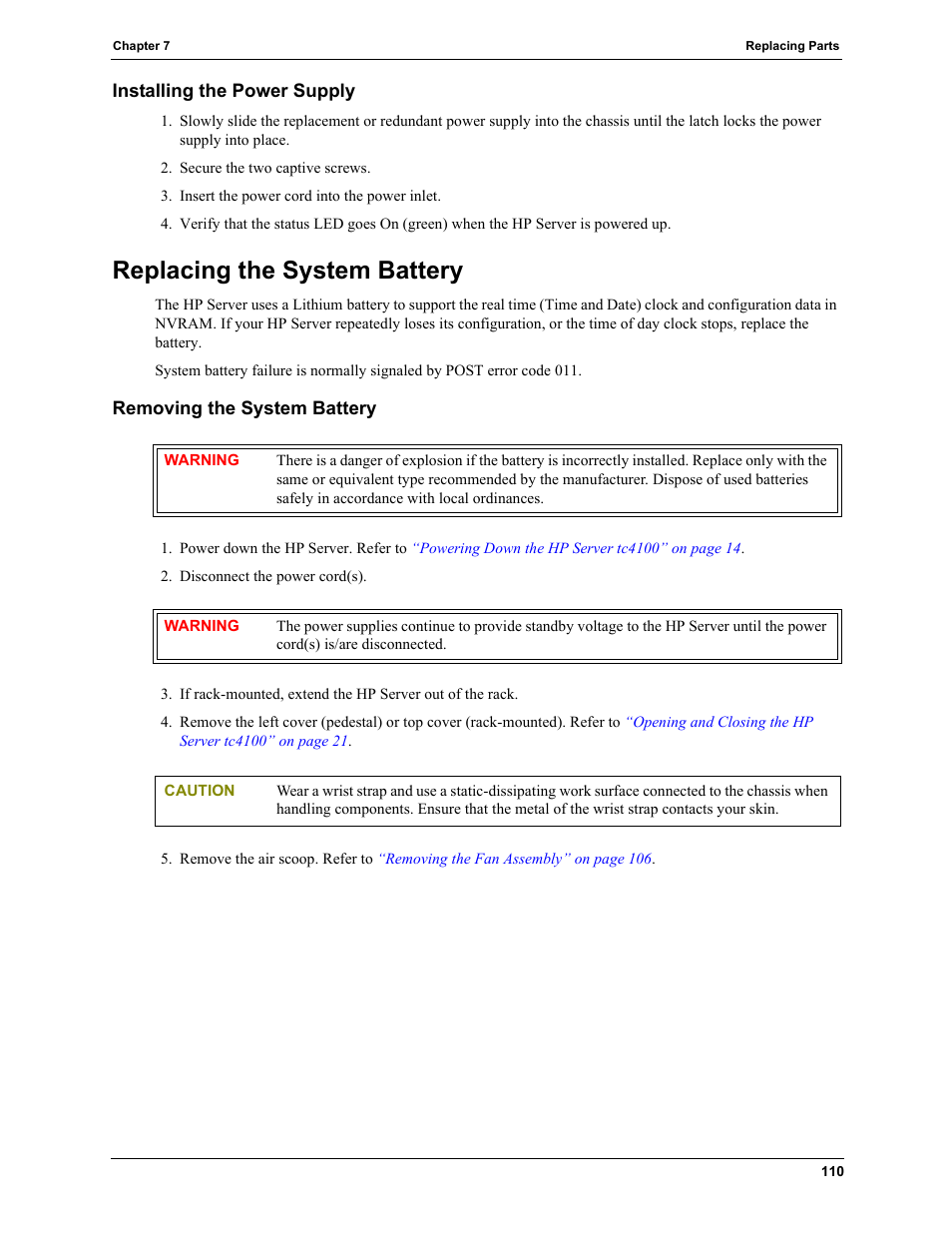 Installing the power supply, Replacing the system battery, Removing the system battery | HP TC4100 User Manual | Page 112 / 130