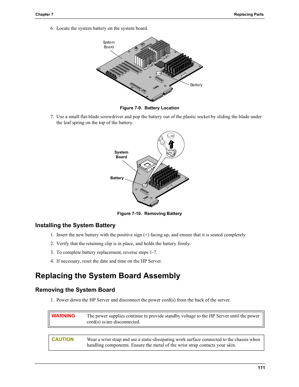 Installing the system battery, Replacing the system board assembly, Removing the system board | HP TC4100 User Manual | Page 113 / 130