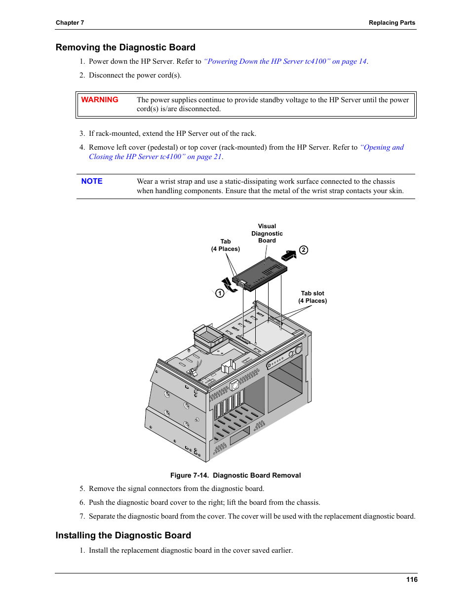 Installing the diagnostic board, Removing the diagnostic board | HP TC4100 User Manual | Page 118 / 130