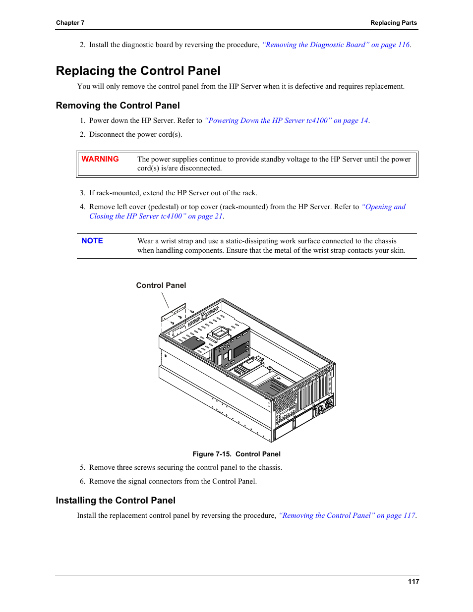 Removing the control panel, Installing the control panel, Replacing the control panel | HP TC4100 User Manual | Page 119 / 130