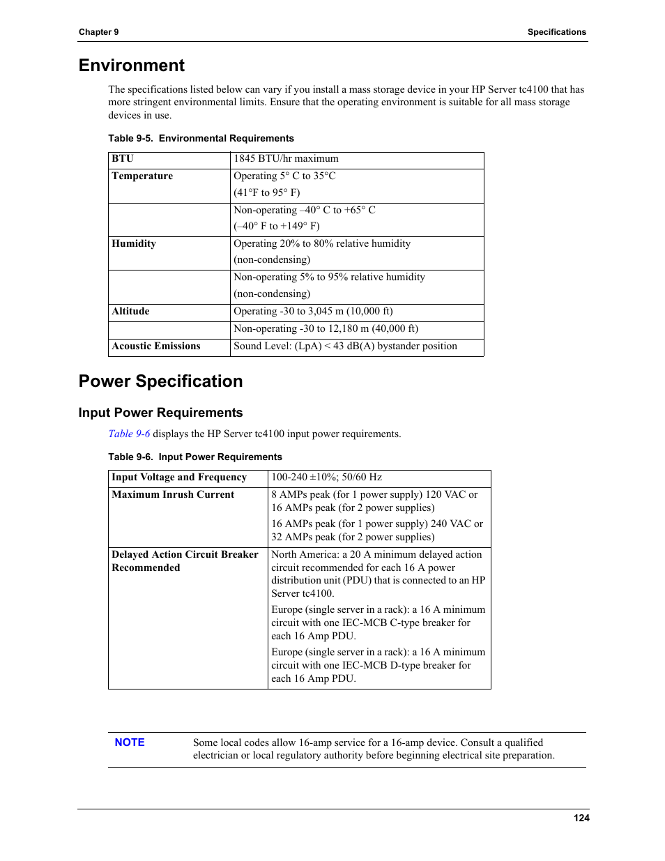 Environment, Power specification, Input power requirements | Environment power specification | HP TC4100 User Manual | Page 126 / 130