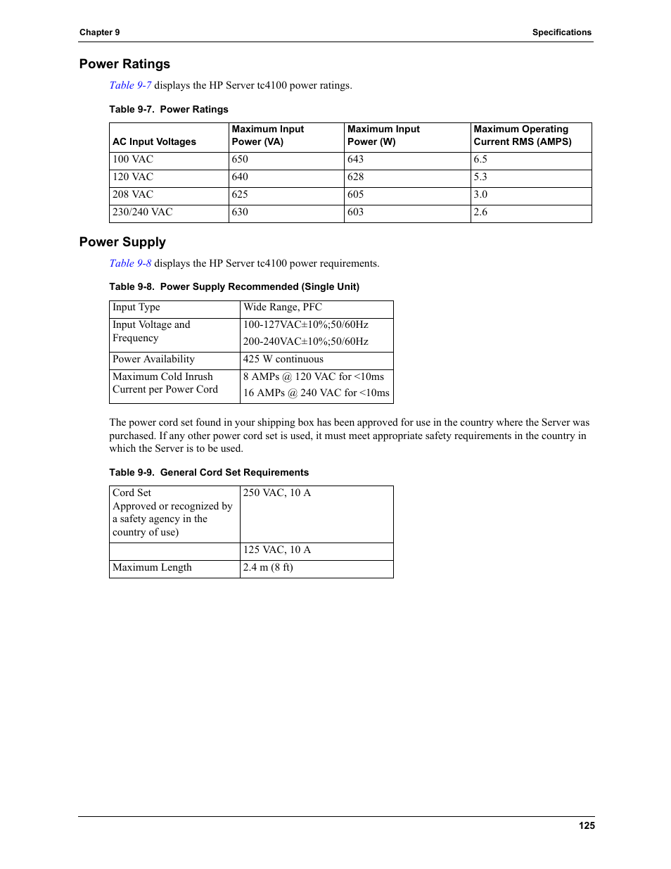 Power ratings, Power supply, Power ratings power supply | HP TC4100 User Manual | Page 127 / 130