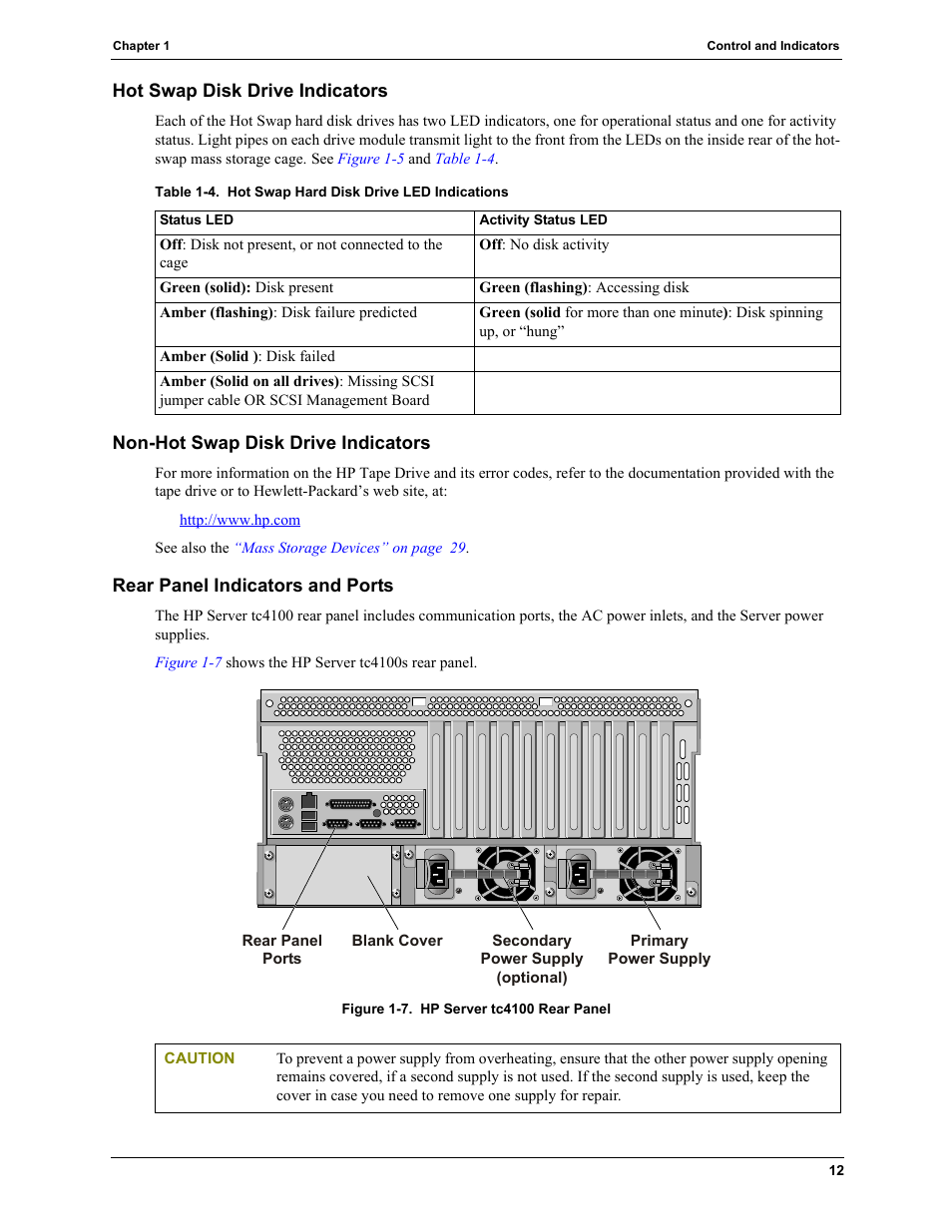 Hot swap disk drive indicators, Non-hot swap disk drive indicators, Rear panel indicators and ports | HP TC4100 User Manual | Page 14 / 130