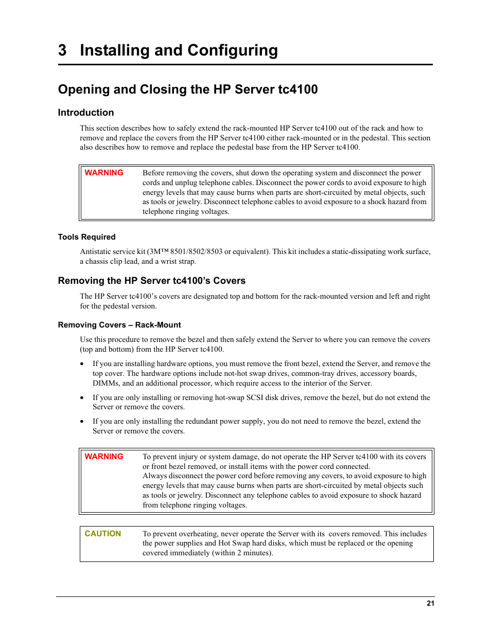 3 installing and configuring, Opening and closing the hp server tc4100, Introduction | Removing the hp server tc4100’s covers | HP TC4100 User Manual | Page 23 / 130