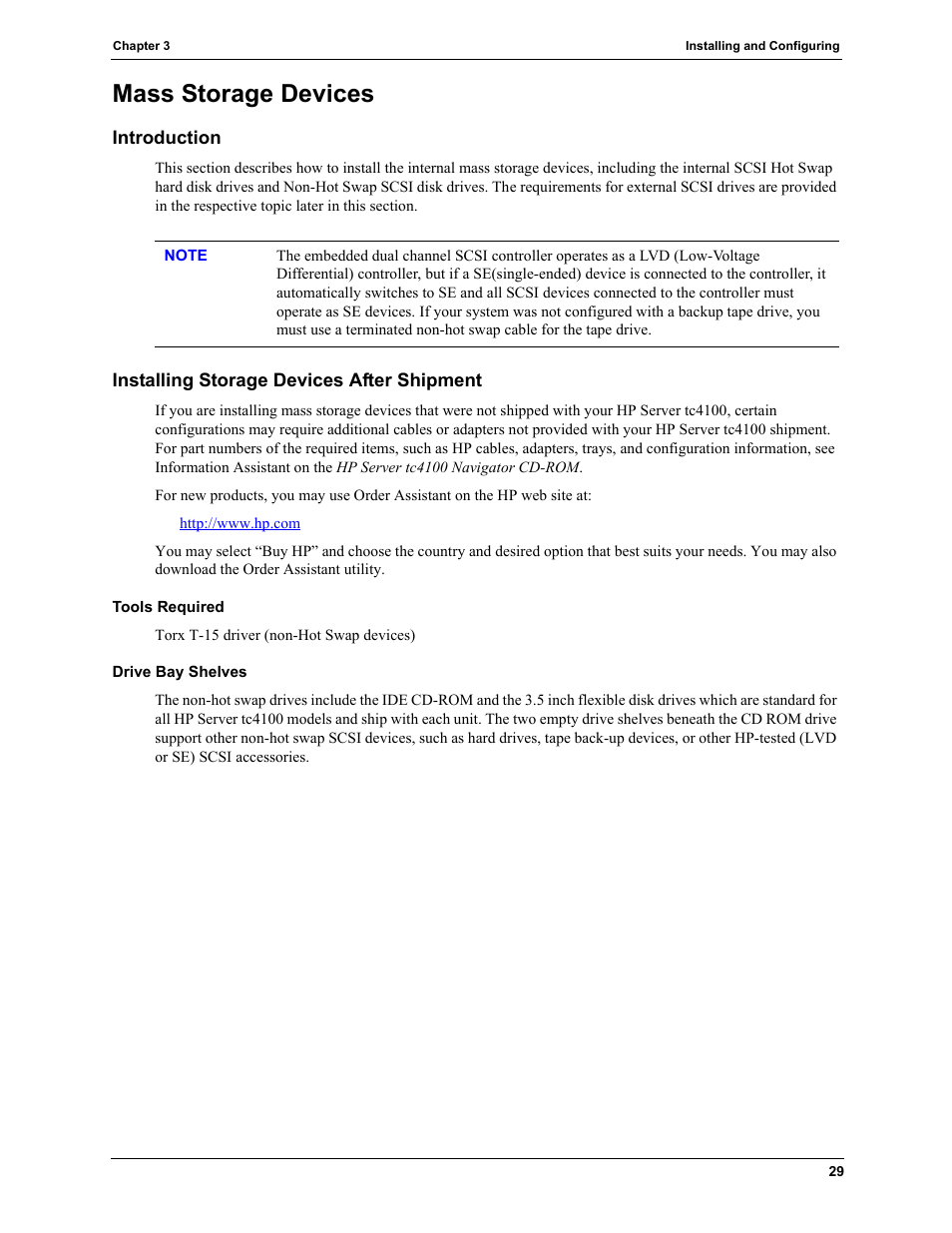 Mass storage devices, Introduction, Installing storage devices after shipment | HP TC4100 User Manual | Page 31 / 130