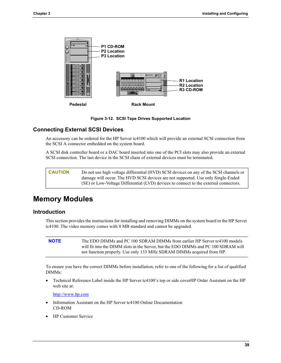 Connecting external scsi devices, Memory modules, Introduction | Figure 3-12 | HP TC4100 User Manual | Page 41 / 130