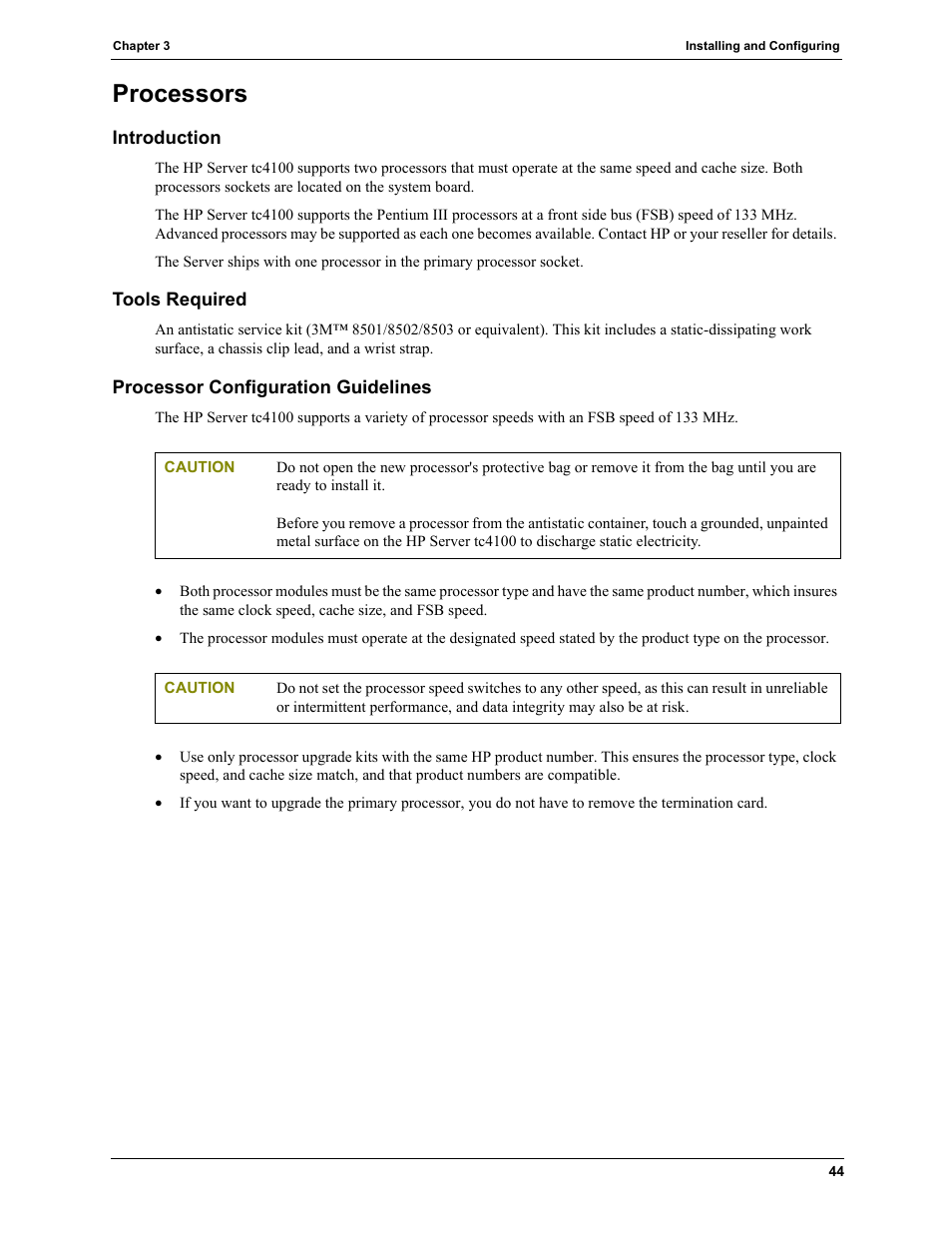 Processors, Introduction, Tools required | Processor configuration guidelines, Tools required processor configuration guidelines | HP TC4100 User Manual | Page 46 / 130