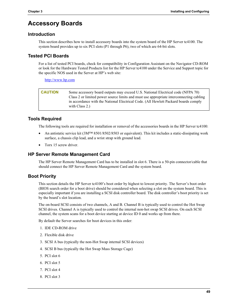 Accessory boards, Introduction, Tested pci boards | Tools required, Hp server remote management card, Boot priority | HP TC4100 User Manual | Page 51 / 130