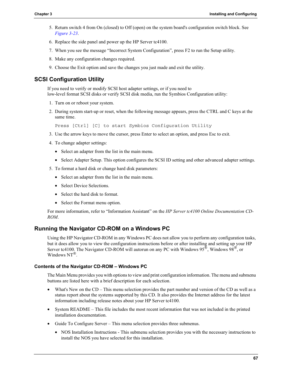 Scsi configuration utility, Running the navigator cd-rom on a windows pc | HP TC4100 User Manual | Page 69 / 130