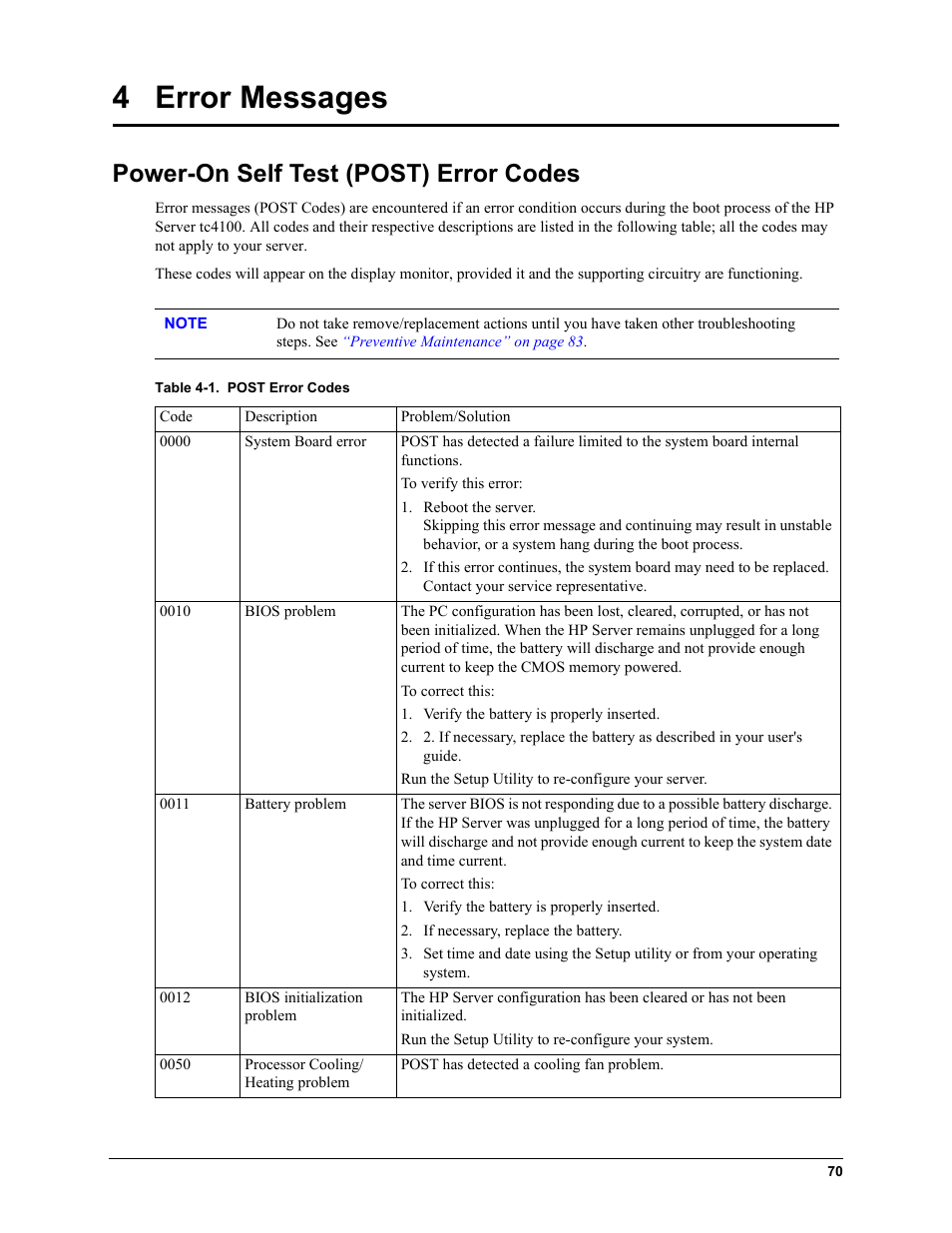 4 error messages, Power-on self test (post) error codes | HP TC4100 User Manual | Page 72 / 130