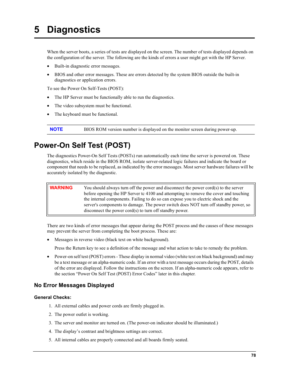 5 diagnostics, Power-on self test (post), No error messages displayed | HP TC4100 User Manual | Page 80 / 130