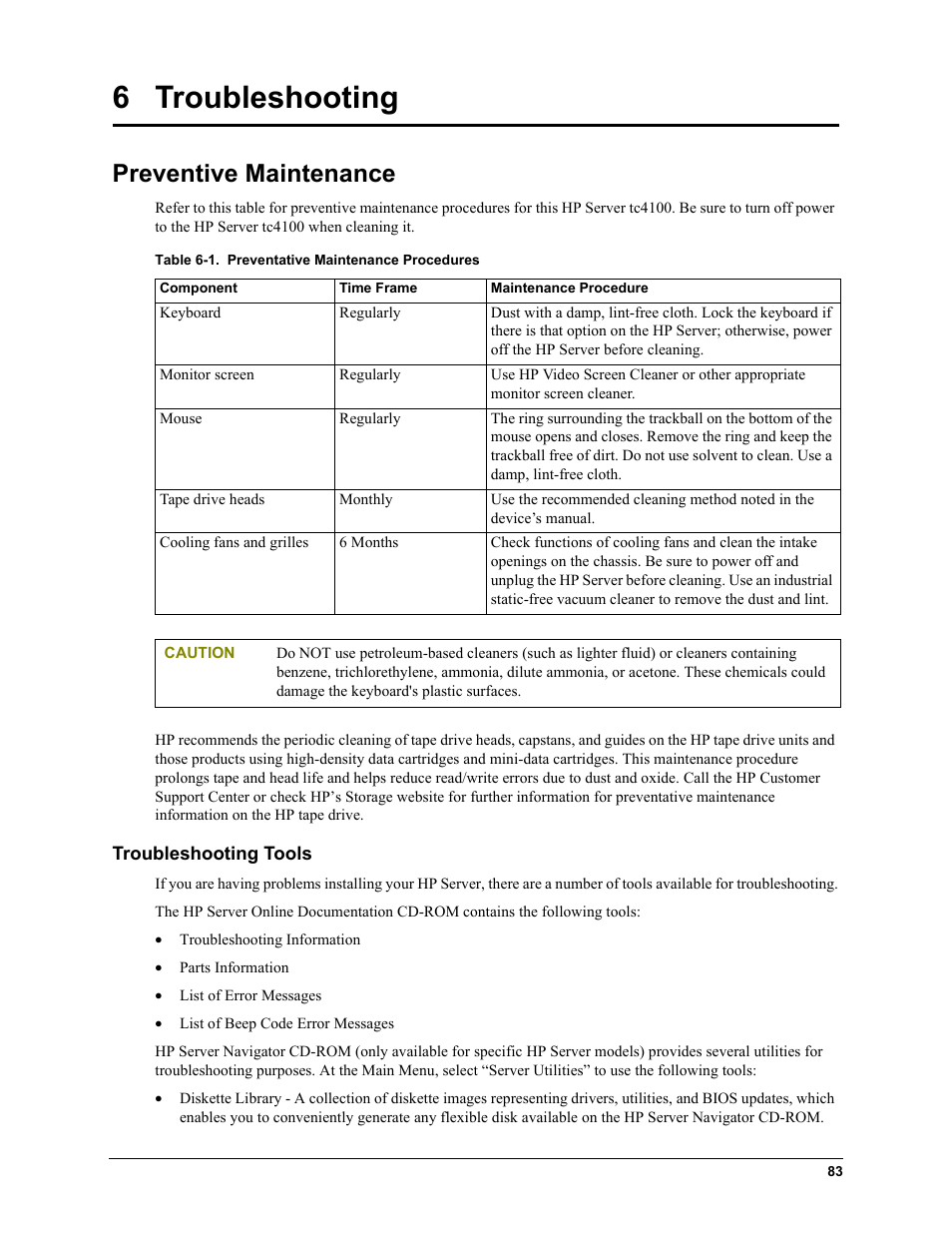 6 troubleshooting, Preventive maintenance, Troubleshooting tools | Chapter 6‚ troubleshooting | HP TC4100 User Manual | Page 85 / 130