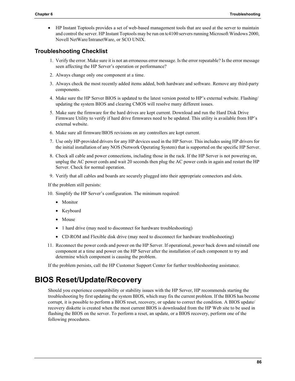Troubleshooting checklist, Bios reset/update/recovery | HP TC4100 User Manual | Page 88 / 130