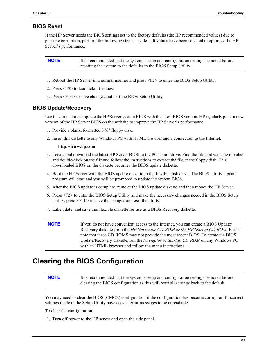 Bios reset, Bios update/recovery, Clearing the bios configuration | Bios reset bios update/recovery | HP TC4100 User Manual | Page 89 / 130