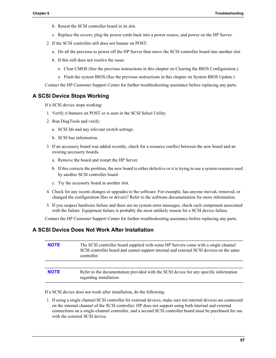 A scsi device stops working, A scsi device does not work after installation | HP TC4100 User Manual | Page 99 / 130