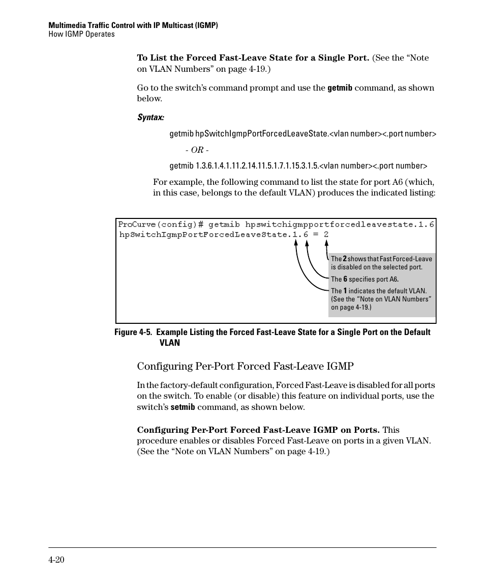 Configuring per-port forced fast-leave igmp, Configuring per-port forced fast-leave igmp -20 | HP 2610-PWR User Manual | Page 104 / 364