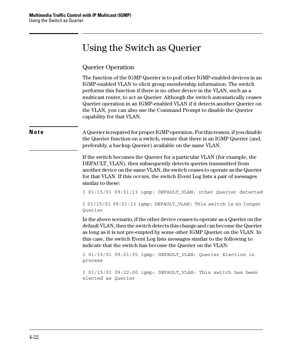 Using the switch as querier, Querier operation, Using the switch as querier -22 | Querier operation -22 | HP 2610-PWR User Manual | Page 106 / 364