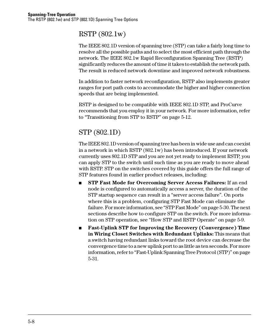 Rstp (802.1w), Stp (802.1d), Rstp (802.1w) -8 | Stp (802.1d) -8, Rstp (802.1w) -7 | HP 2610-PWR User Manual | Page 116 / 364