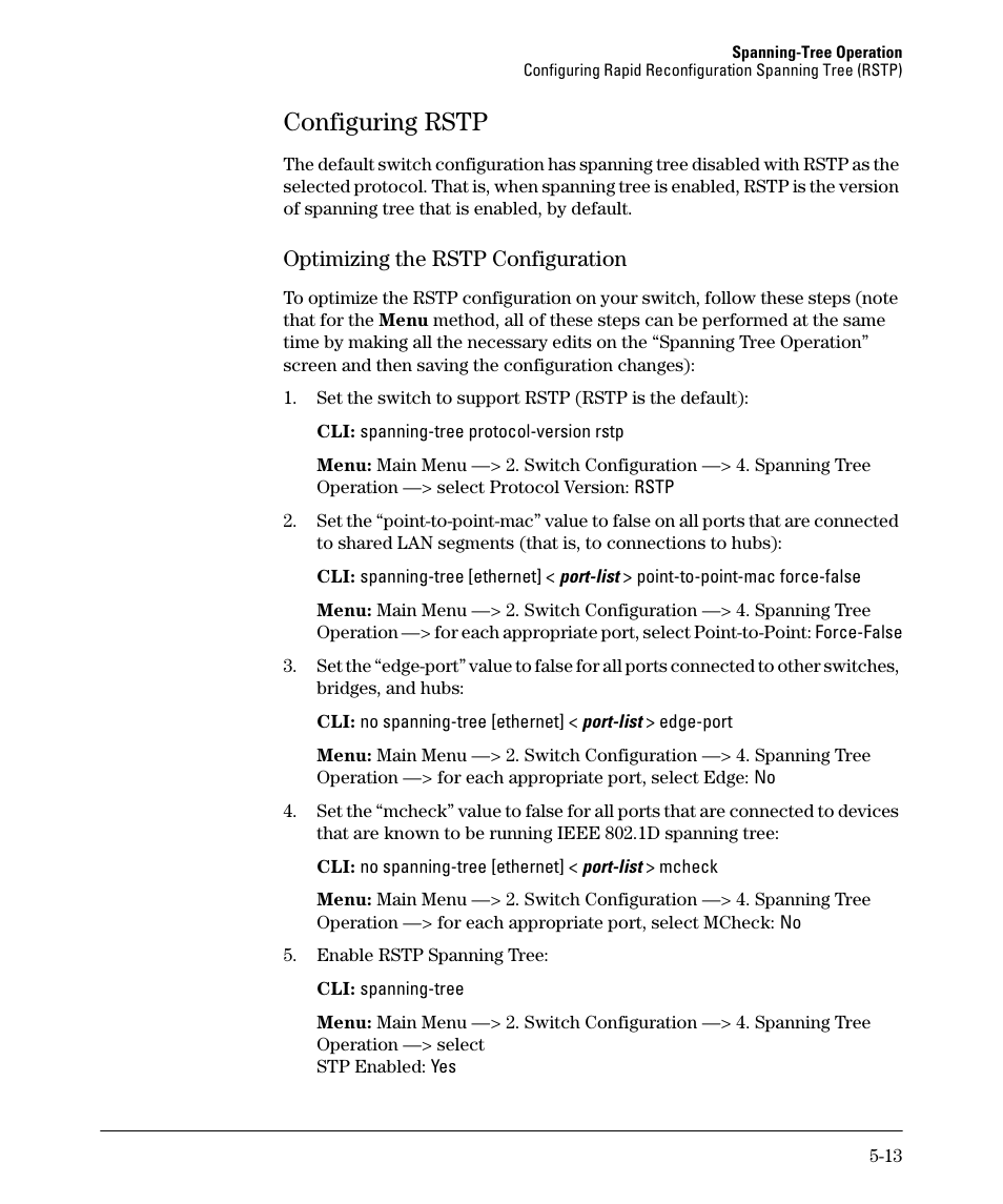 Configuring rstp, Optimizing the rstp configuration, Configuring rstp -13 | Optimizing the rstp configuration -13 | HP 2610-PWR User Manual | Page 121 / 364