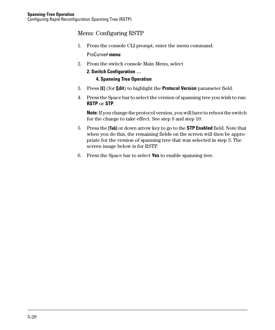 Menu: configuring rstp, Menu: configuring rstp -20, Age 5-20 | HP 2610-PWR User Manual | Page 128 / 364