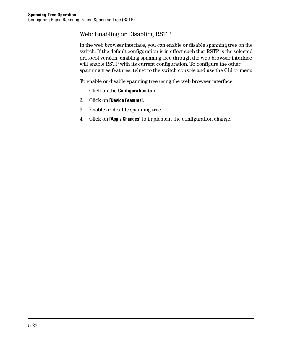 Web: enabling or disabling rstp, Web: enabling or disabling rstp -22 | HP 2610-PWR User Manual | Page 130 / 364