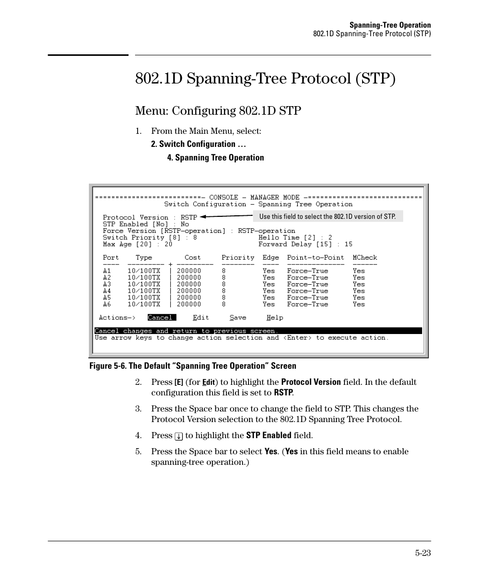 1d spanning-tree protocol (stp), Menu: configuring 802.1d stp, 1d spanning-tree protocol (stp) -23 | Menu: configuring 802.1d stp -23 | HP 2610-PWR User Manual | Page 131 / 364