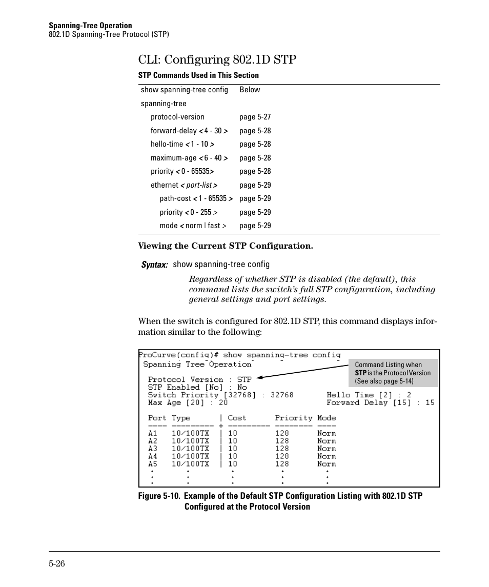 Cli: configuring 802.1d stp, Cli: configuring 802.1d stp -26 | HP 2610-PWR User Manual | Page 134 / 364