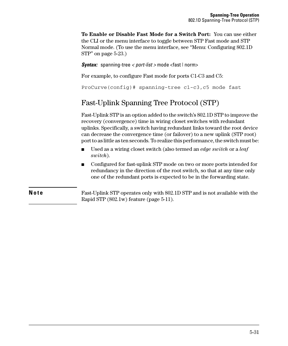Fast-uplink spanning tree protocol (stp), Fast-uplink spanning tree protocol (stp) -31 | HP 2610-PWR User Manual | Page 139 / 364