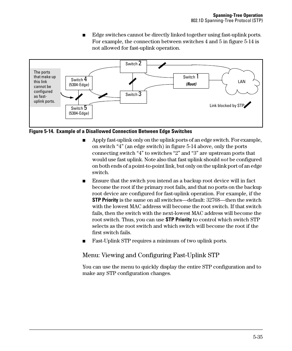Menu: viewing and configuring fast-uplink stp, Menu: viewing and configuring fast-uplink stp -35 | HP 2610-PWR User Manual | Page 143 / 364