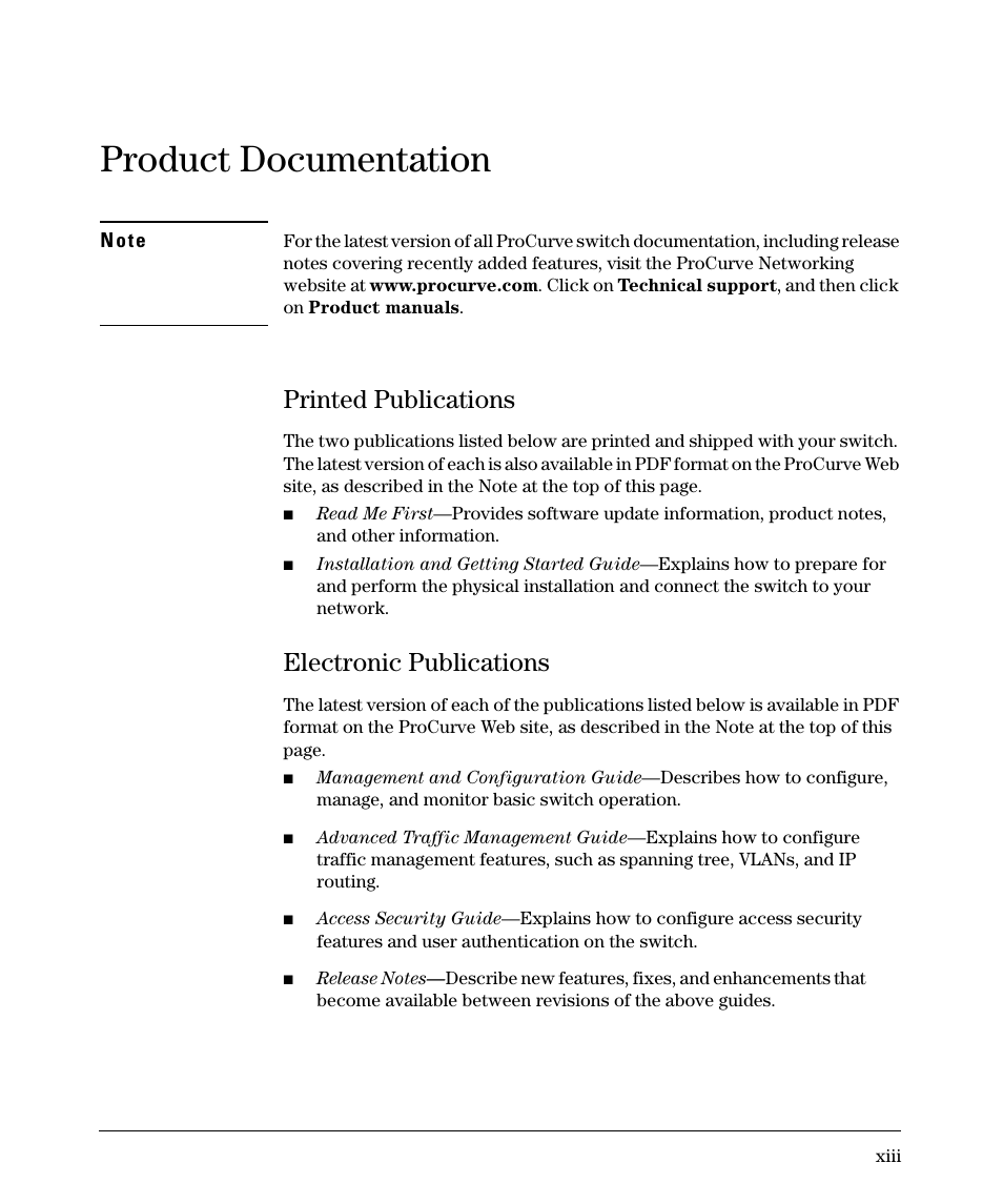 Product documentation, Printed publications, Electronic publications | HP 2610-PWR User Manual | Page 15 / 364