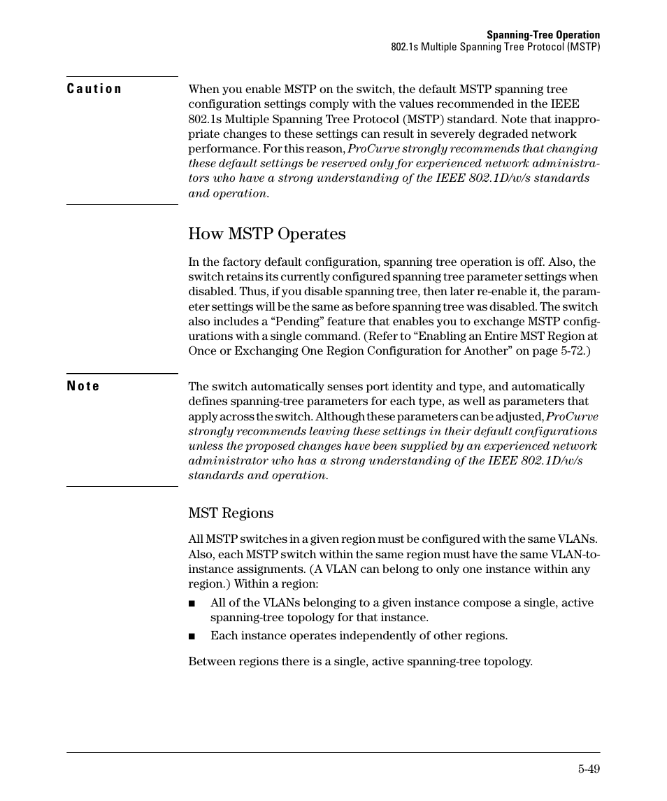 How mstp operates, Mst regions, How mstp operates -49 | Mst regions -49 | HP 2610-PWR User Manual | Page 157 / 364