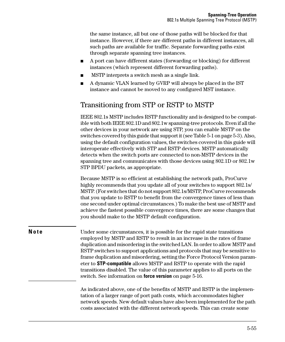 Transitioning from stp or rstp to mstp, Transitioning from stp or rstp to mstp -55 | HP 2610-PWR User Manual | Page 163 / 364