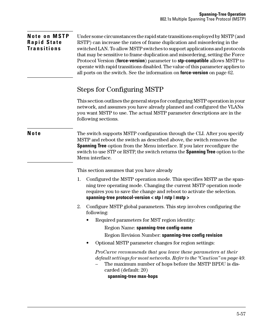 Steps for configuring mstp, Steps for configuring mstp -57 | HP 2610-PWR User Manual | Page 165 / 364
