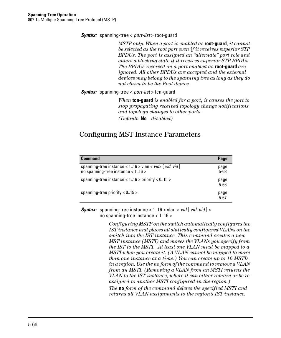 Configuring mst instance parameters, Configuring mst instance parameters -66 | HP 2610-PWR User Manual | Page 174 / 364