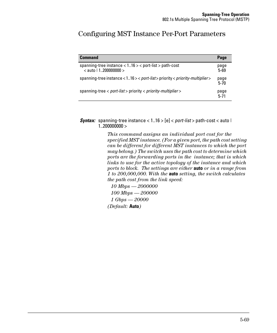 Configuring mst instance per-port parameters, Configuring mst instance per-port parameters -69 | HP 2610-PWR User Manual | Page 177 / 364