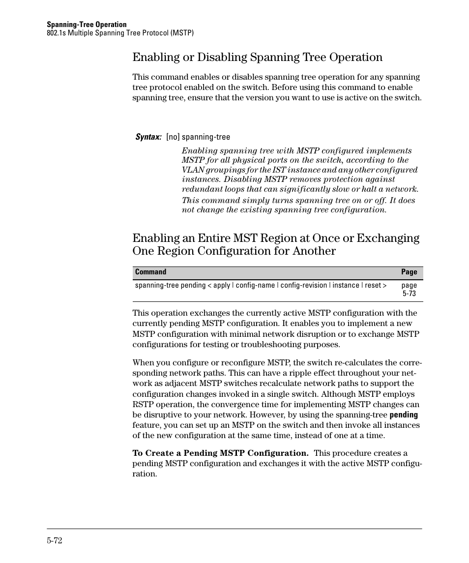 Enabling or disabling spanning tree operation, Enabling or disabling spanning tree operation -72 | HP 2610-PWR User Manual | Page 180 / 364