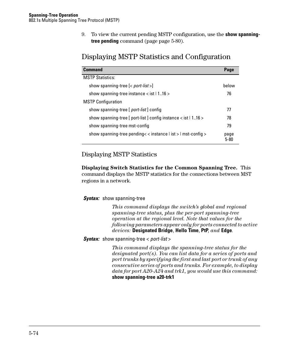 Displaying mstp statistics and configuration, Displaying mstp statistics, Displaying mstp statistics and configuration -74 | Displaying mstp statistics -74 | HP 2610-PWR User Manual | Page 182 / 364