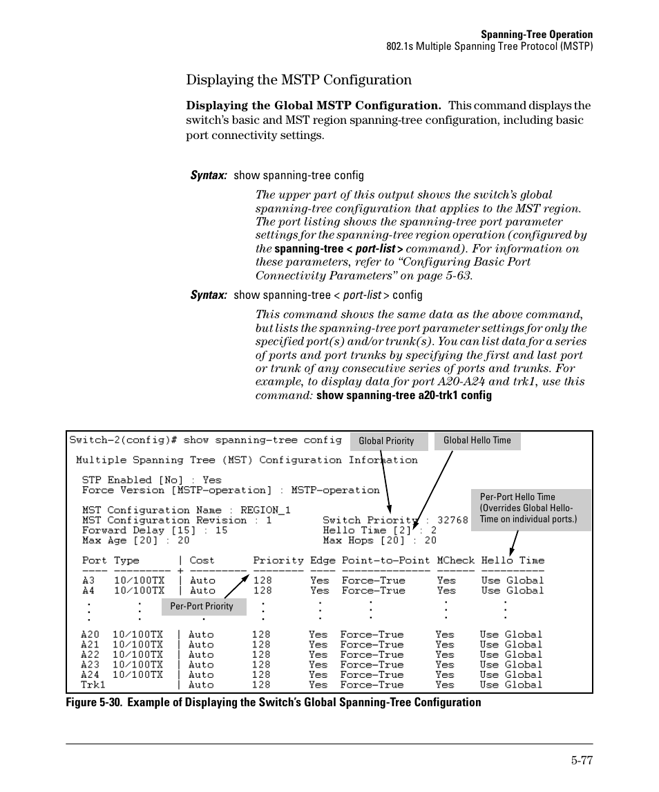 Displaying the mstp configuration, Displaying the mstp configuration -77 | HP 2610-PWR User Manual | Page 185 / 364