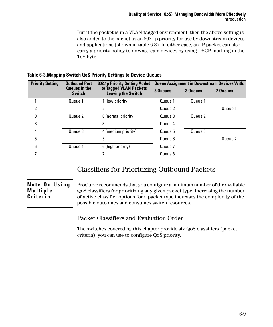 Classifiers for prioritizing outbound packets, Packet classifiers and evaluation order, Classifiers for prioritizing outbound packets -9 | Packet classifiers and evaluation order -9 | HP 2610-PWR User Manual | Page 199 / 364