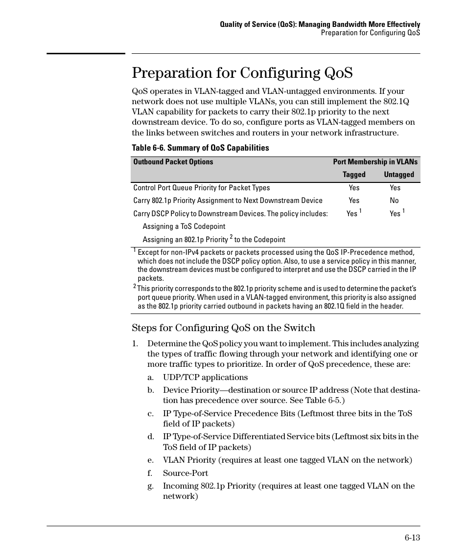 Preparation for configuring qos, Steps for configuring qos on the switch, Preparation for configuring qos -13 | Steps for configuring qos on the switch -13 | HP 2610-PWR User Manual | Page 203 / 364