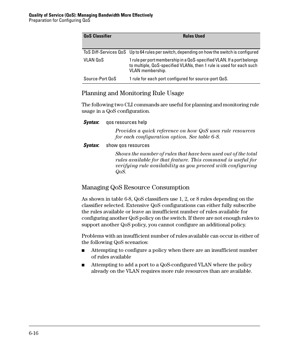 Planning and monitoring rule usage, Managing qos resource consumption | HP 2610-PWR User Manual | Page 206 / 364