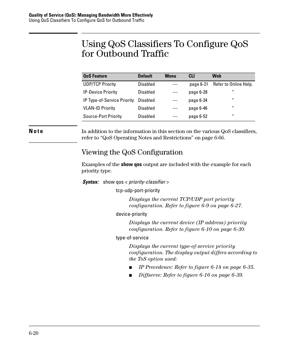 Viewing the qos configuration, Viewing the qos configuration -20 | HP 2610-PWR User Manual | Page 210 / 364