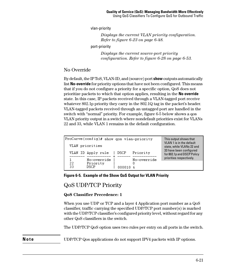 No override, Qos udp/tcp priority, No override -21 | Qos udp/tcp priority -21 | HP 2610-PWR User Manual | Page 211 / 364